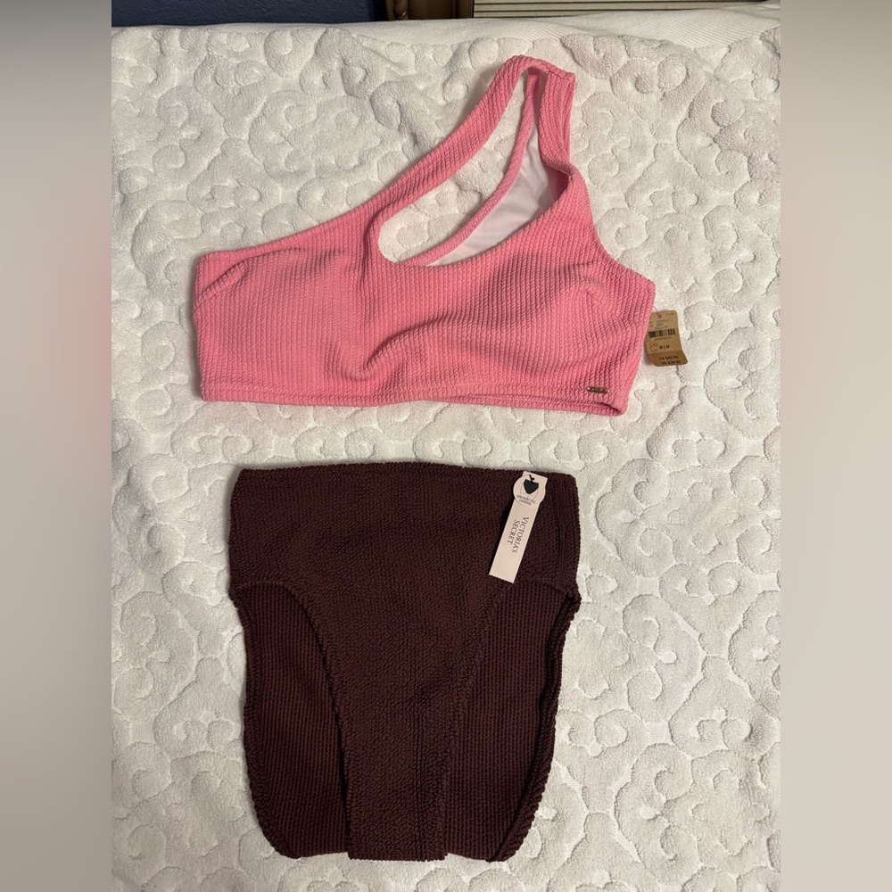 NWT Victoria’s Secret Swim One Strap Ribbed Bikini Set M Pink Brown Swimsuit